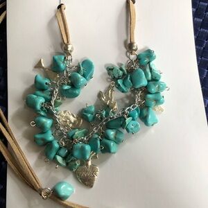 Turquoise Necklace With Silver Charms Leather Adjustable Tie Western/Southwest